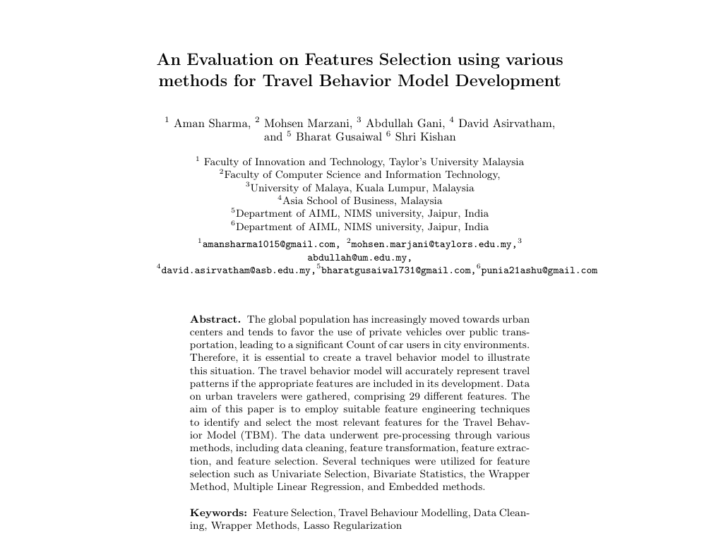 Evaluation on Feature Selection using Various Methods for Travel Behavior Model Development preview