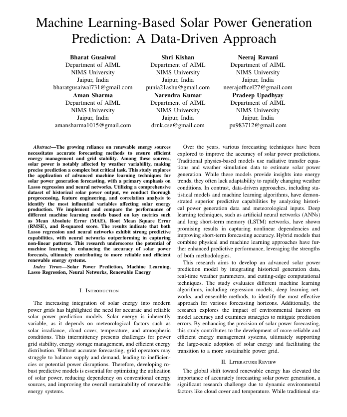Machine Learning Based Solar Power Prediction and Optimization for Smart Grid Integration preview